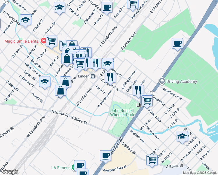 map of restaurants, bars, coffee shops, grocery stores, and more near 209 South Wood Avenue in Linden