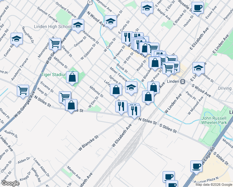 map of restaurants, bars, coffee shops, grocery stores, and more near 425 Lafayette Street in Linden
