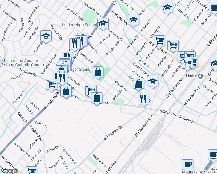 map of restaurants, bars, coffee shops, grocery stores, and more near 625 Laurita Street in Linden