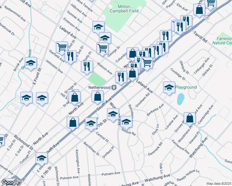 map of restaurants, bars, coffee shops, grocery stores, and more near in Plainfield