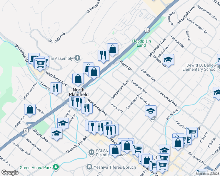 map of restaurants, bars, coffee shops, grocery stores, and more near 198 Westervelt Avenue in North Plainfield