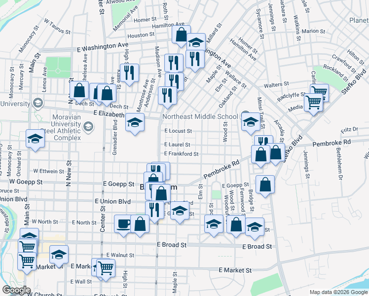 map of restaurants, bars, coffee shops, grocery stores, and more near 427 East Laurel Street in Bethlehem