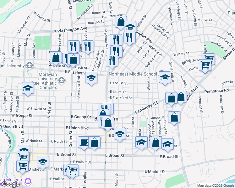 map of restaurants, bars, coffee shops, grocery stores, and more near 1107 Maple Street in Bethlehem