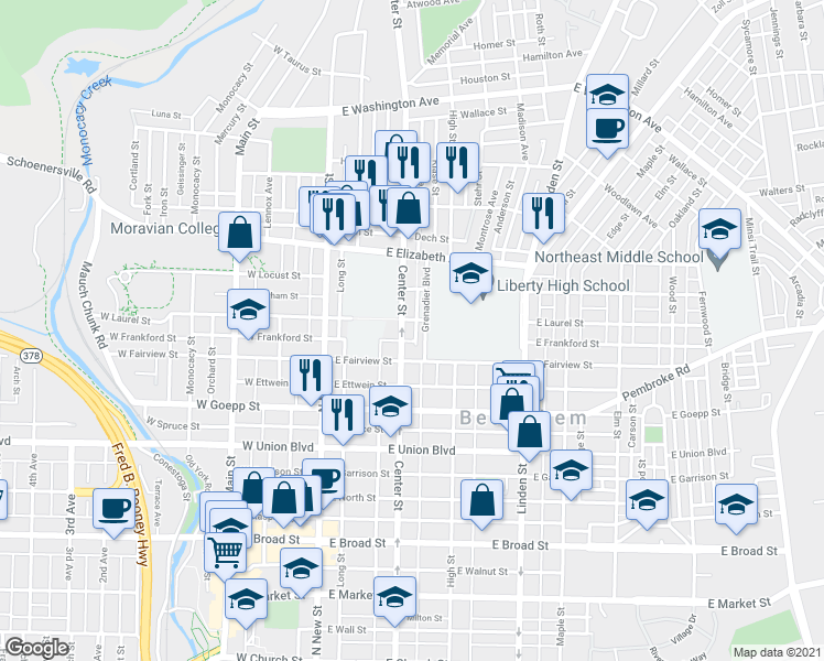 map of restaurants, bars, coffee shops, grocery stores, and more near 1104 Center Street in Bethlehem