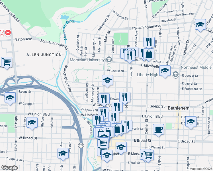 map of restaurants, bars, coffee shops, grocery stores, and more near 76 West Laurel Street in Bethlehem