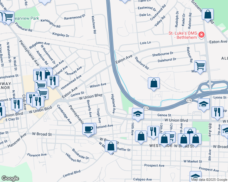map of restaurants, bars, coffee shops, grocery stores, and more near 968 Highland Avenue in Bethlehem
