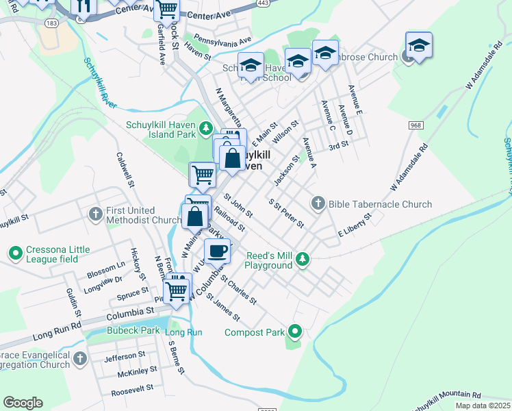 map of restaurants, bars, coffee shops, grocery stores, and more near 16 East Union Street in Schuylkill Haven