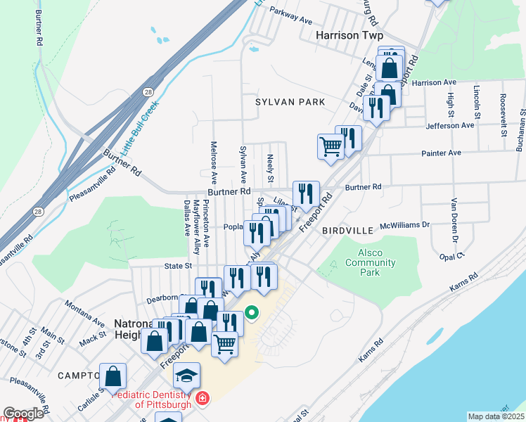 map of restaurants, bars, coffee shops, grocery stores, and more near 1418 Springhill Road in Natrona Heights