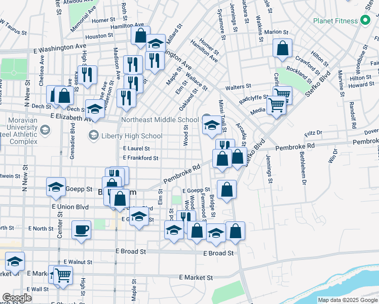 map of restaurants, bars, coffee shops, grocery stores, and more near 1110 Wood Street in Bethlehem