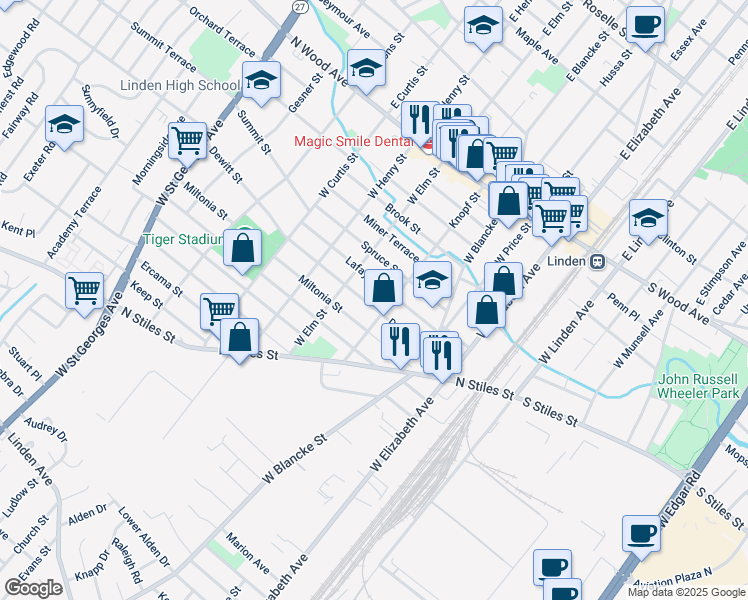 map of restaurants, bars, coffee shops, grocery stores, and more near 416 Dewitt Street in Linden