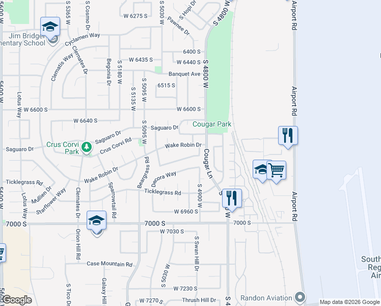 map of restaurants, bars, coffee shops, grocery stores, and more near 4930 Shooting Star Avenue in West Jordan