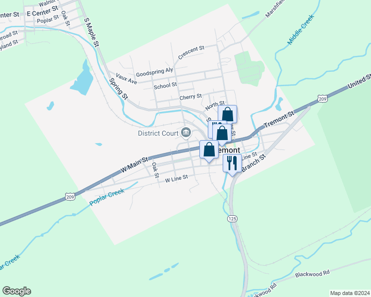 map of restaurants, bars, coffee shops, grocery stores, and more near 21 East Main Street in Tremont