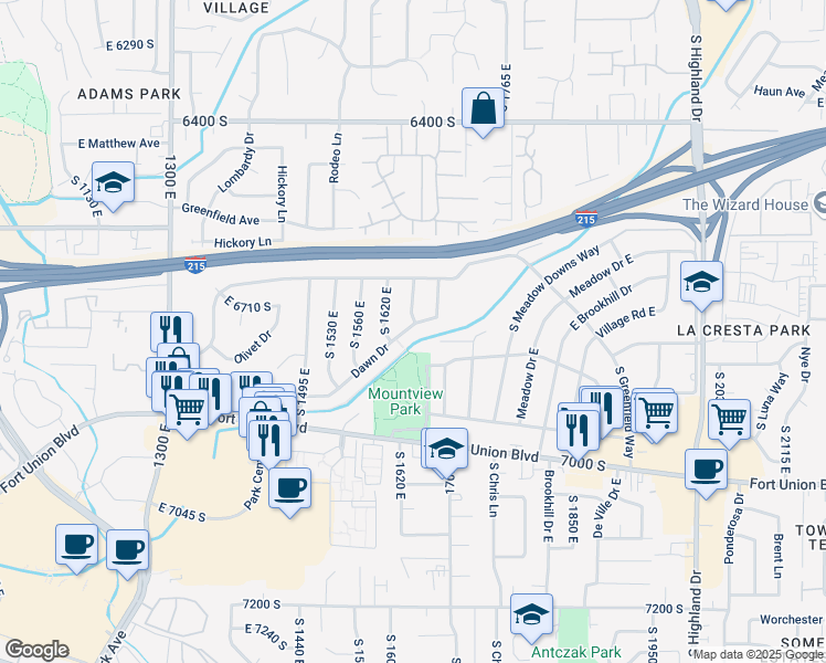 map of restaurants, bars, coffee shops, grocery stores, and more near 1654 Dawn Drive in Cottonwood Heights