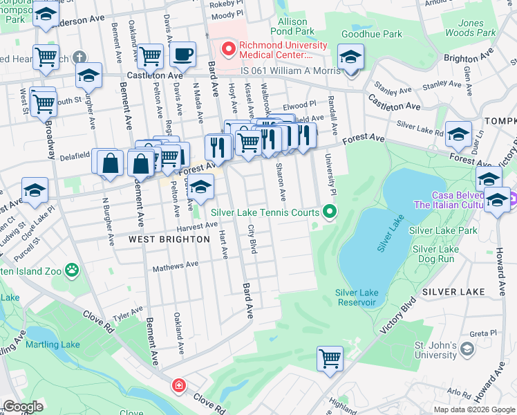 map of restaurants, bars, coffee shops, grocery stores, and more near 593 Metropolitan Avenue in Staten Island