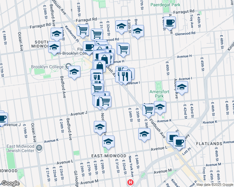 map of restaurants, bars, coffee shops, grocery stores, and more near 165 Erasmus Street in Brooklyn