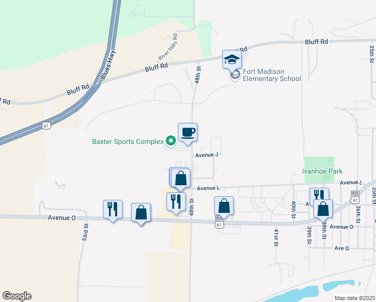 map of restaurants, bars, coffee shops, grocery stores, and more near 919 48th Street in Fort Madison
