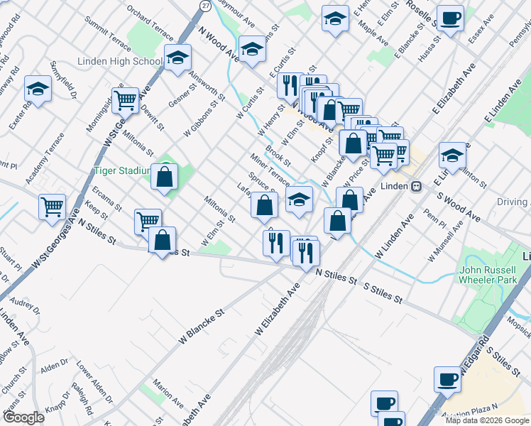 map of restaurants, bars, coffee shops, grocery stores, and more near 425 Lafayette Street in Linden