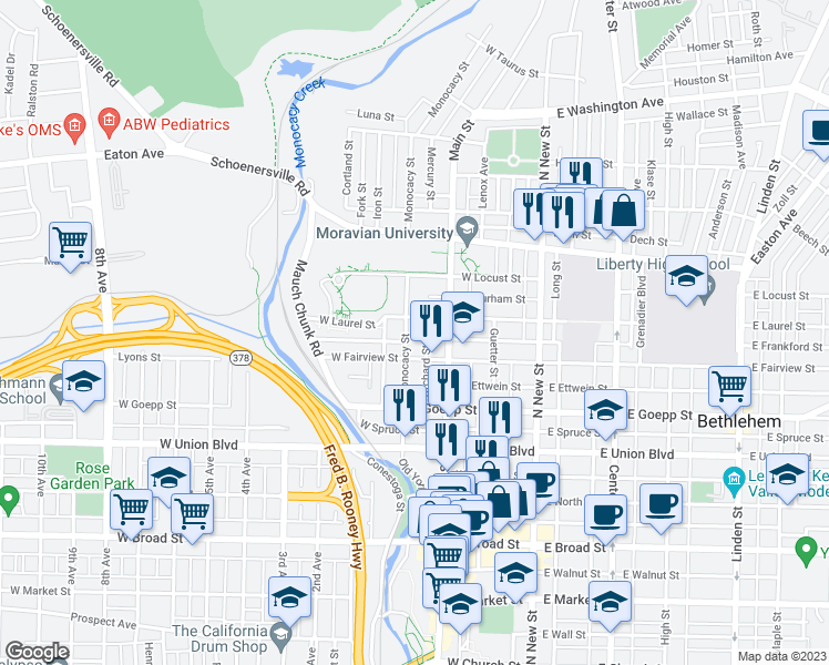 map of restaurants, bars, coffee shops, grocery stores, and more near 1026 Monocacy Street in Bethlehem