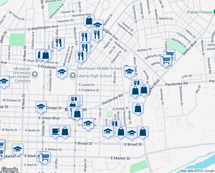 map of restaurants, bars, coffee shops, grocery stores, and more near 526 East Laurel Street in Bethlehem