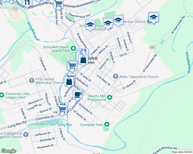 map of restaurants, bars, coffee shops, grocery stores, and more near 120 South Saint Peter Street in Schuylkill Haven