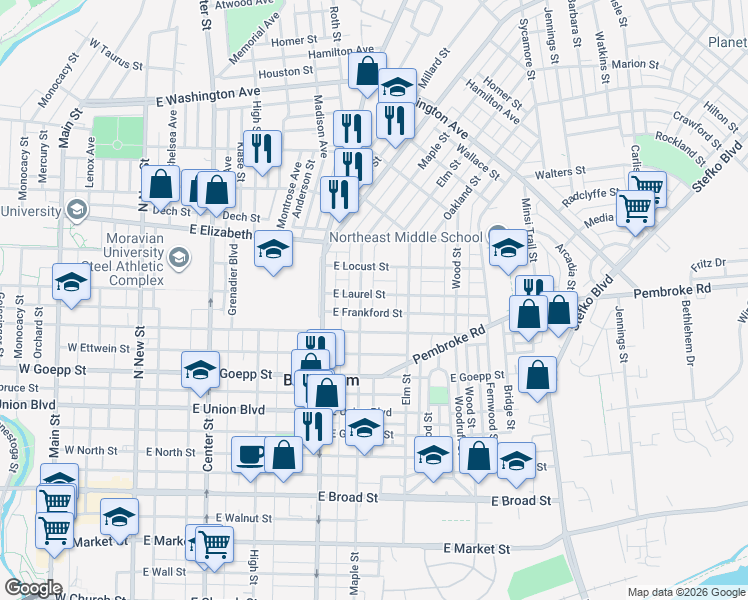 map of restaurants, bars, coffee shops, grocery stores, and more near 427 East Laurel Street in Bethlehem