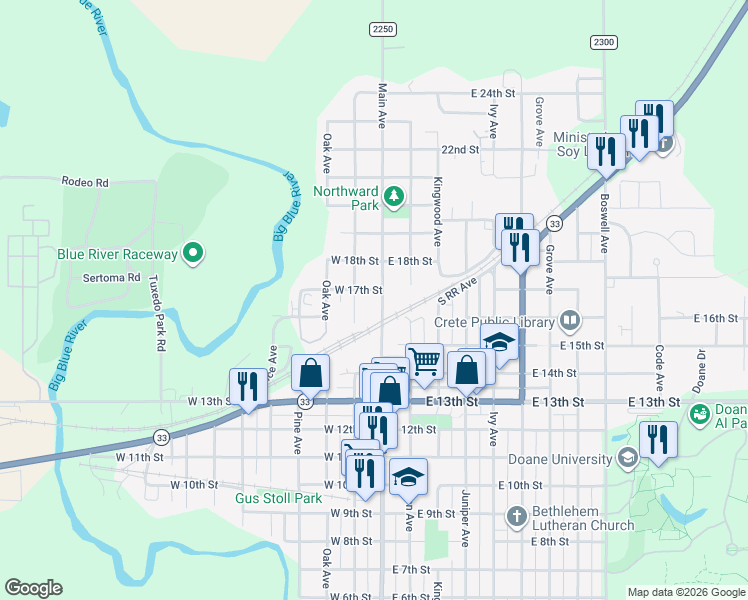 map of restaurants, bars, coffee shops, grocery stores, and more near 1715 Main Avenue in Crete