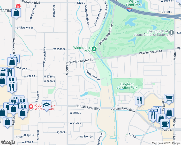 map of restaurants, bars, coffee shops, grocery stores, and more near 6759 Saddle Bluff Drive in Murray