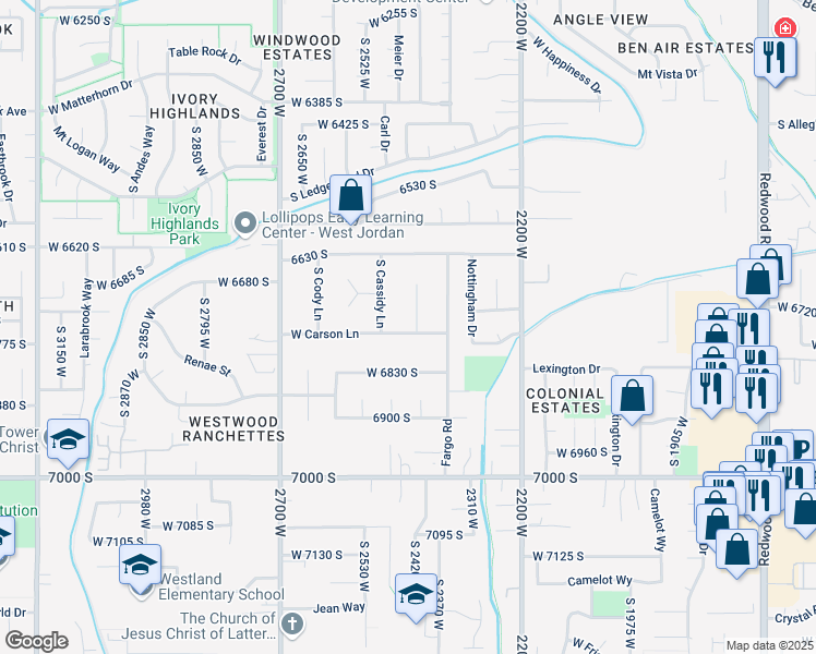 map of restaurants, bars, coffee shops, grocery stores, and more near 6722 South Carson Circle in West Jordan