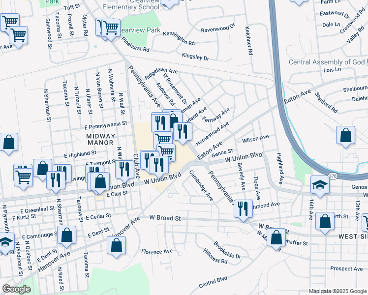 map of restaurants, bars, coffee shops, grocery stores, and more near 1148 Pennsylvania Avenue in Bethlehem