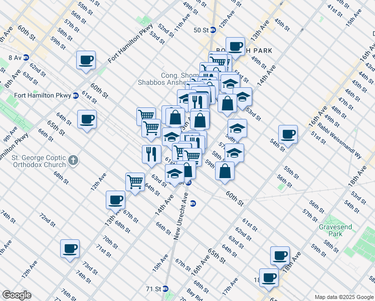 map of restaurants, bars, coffee shops, grocery stores, and more near 5810 New Utrecht Avenue in Brooklyn