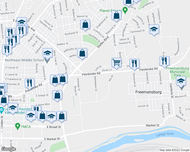 map of restaurants, bars, coffee shops, grocery stores, and more near 1026 Bethlehem Drive in Bethlehem