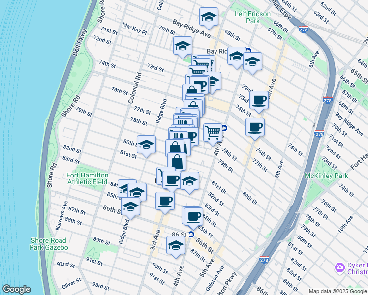 map of restaurants, bars, coffee shops, grocery stores, and more near 3rd Avenue & 79th Street in Brooklyn