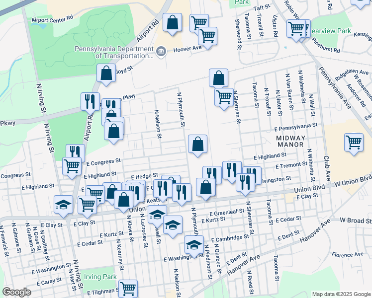 map of restaurants, bars, coffee shops, grocery stores, and more near 1518 East Pennsylvania Street in Allentown