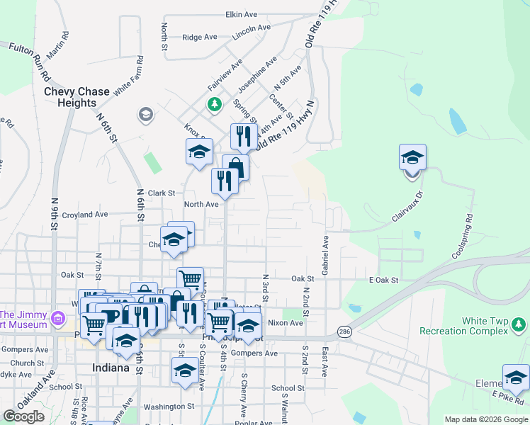 map of restaurants, bars, coffee shops, grocery stores, and more near 404 North 3rd Street in Indiana