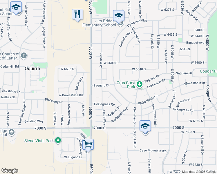 map of restaurants, bars, coffee shops, grocery stores, and more near 6718 Cyclamen Drive in West Jordan