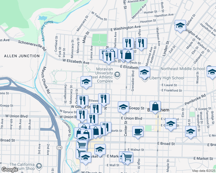 map of restaurants, bars, coffee shops, grocery stores, and more near 1102 East Laurel Street in Bethlehem