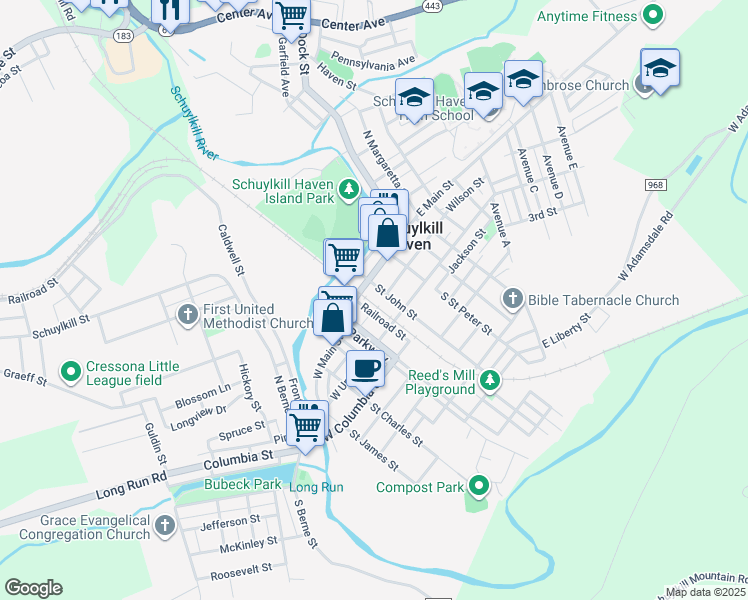 map of restaurants, bars, coffee shops, grocery stores, and more near 12 West Main Street in Schuylkill Haven
