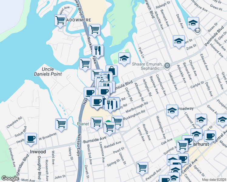 map of restaurants, bars, coffee shops, grocery stores, and more near 337 Peninsula Boulevard in Cedarhurst