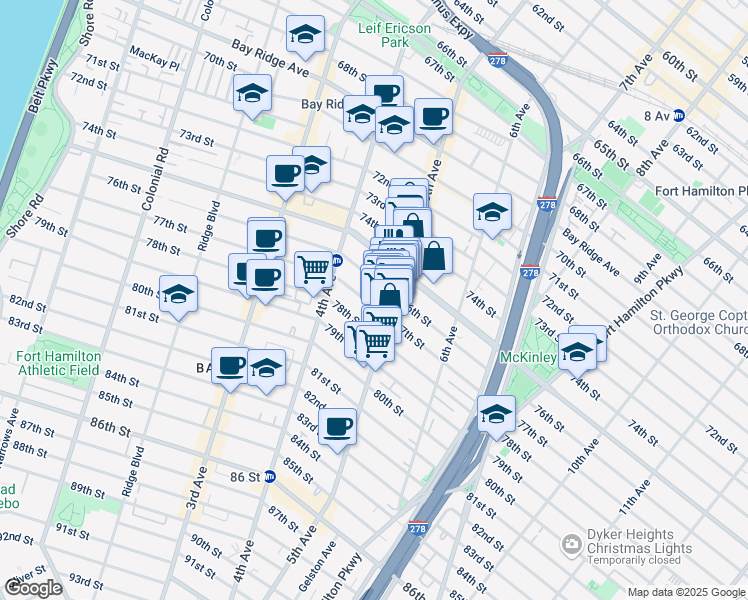 map of restaurants, bars, coffee shops, grocery stores, and more near 463 77th Street in Brooklyn