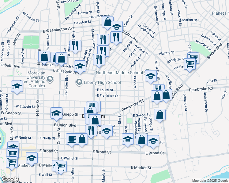 map of restaurants, bars, coffee shops, grocery stores, and more near 432 East Laurel Street in Bethlehem