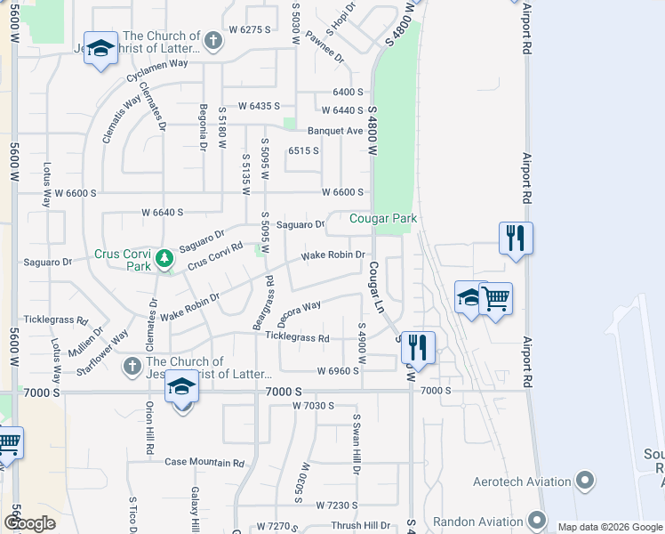 map of restaurants, bars, coffee shops, grocery stores, and more near 6734 South 4965 West in West Jordan
