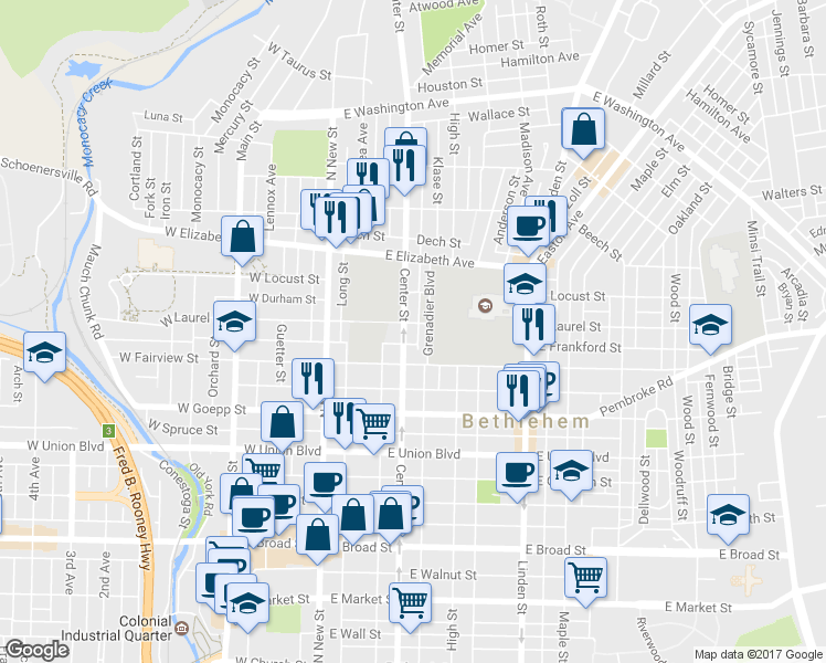 map of restaurants, bars, coffee shops, grocery stores, and more near 1034 Center Street in Bethlehem