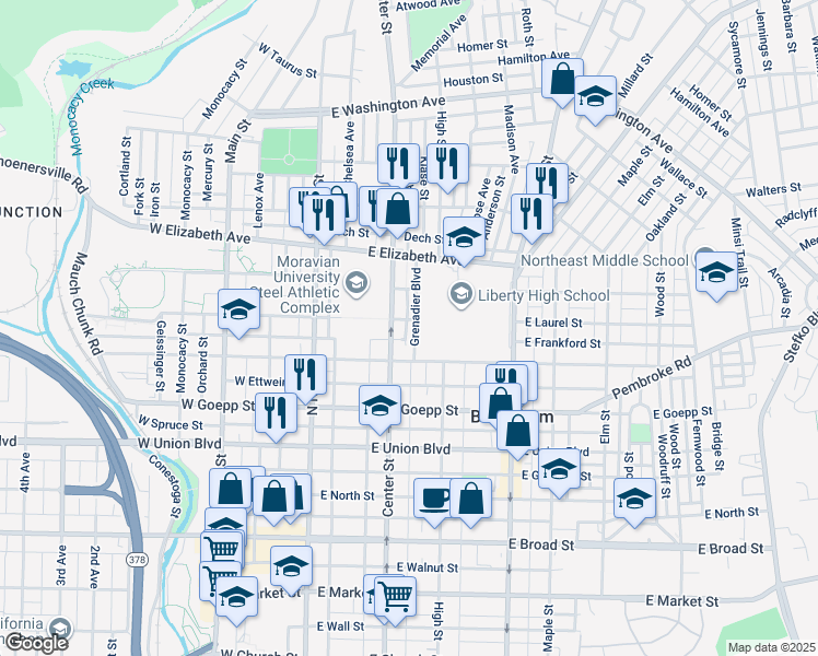 map of restaurants, bars, coffee shops, grocery stores, and more near 1033 Grenadier Boulevard in Bethlehem