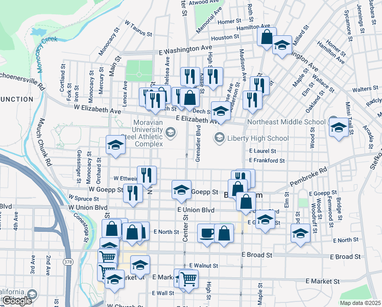 map of restaurants, bars, coffee shops, grocery stores, and more near 1034 Center Street in Bethlehem