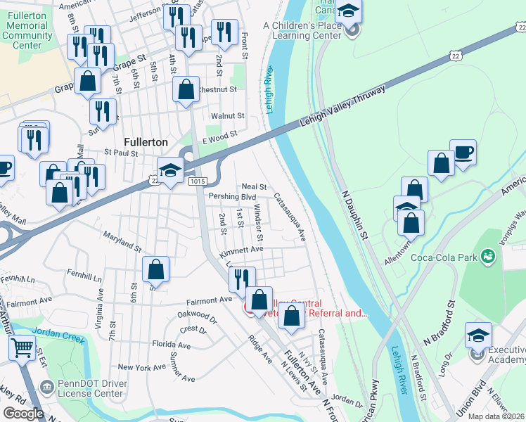 map of restaurants, bars, coffee shops, grocery stores, and more near 535 Windsor Street in Fullerton