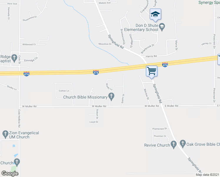 map of restaurants, bars, coffee shops, grocery stores, and more near 205 Shady Lane in East Peoria