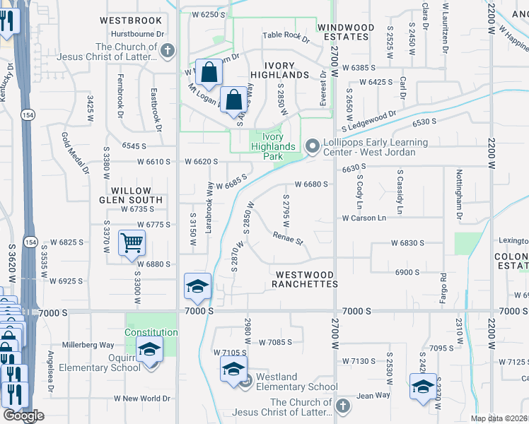 map of restaurants, bars, coffee shops, grocery stores, and more near 6718 South 2795 West in West Jordan