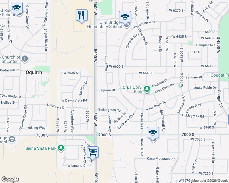 map of restaurants, bars, coffee shops, grocery stores, and more near 6718 Cyclamen Drive in West Jordan