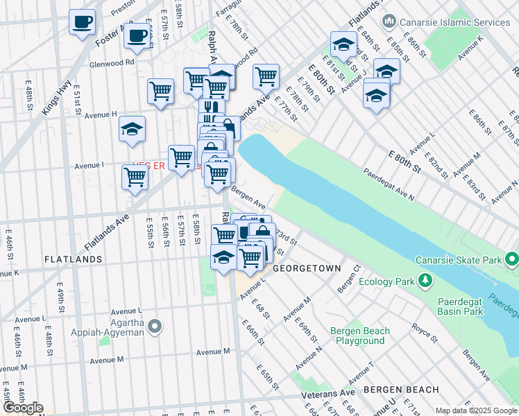 map of restaurants, bars, coffee shops, grocery stores, and more near 1097 Bergen Avenue in Brooklyn