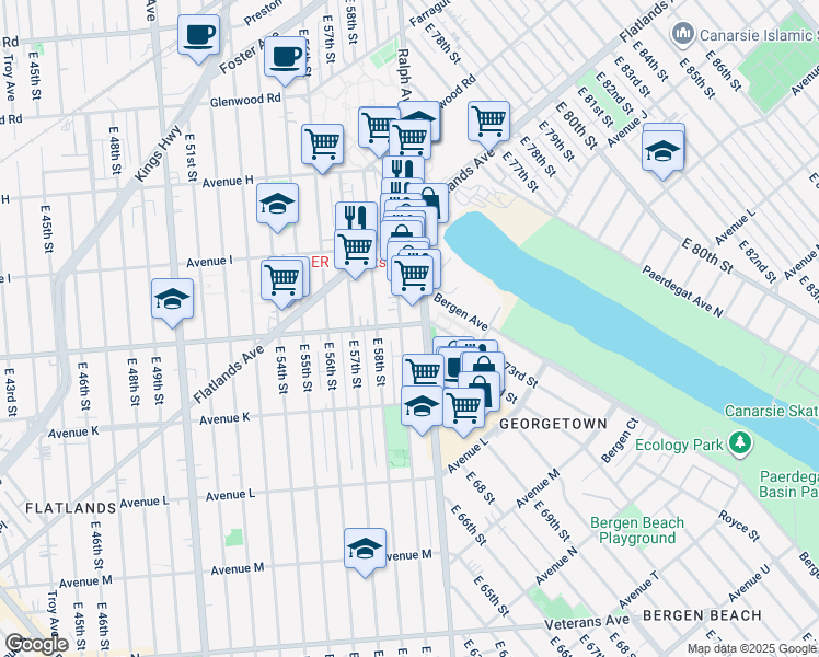 map of restaurants, bars, coffee shops, grocery stores, and more near 1988 Ralph Avenue in Brooklyn